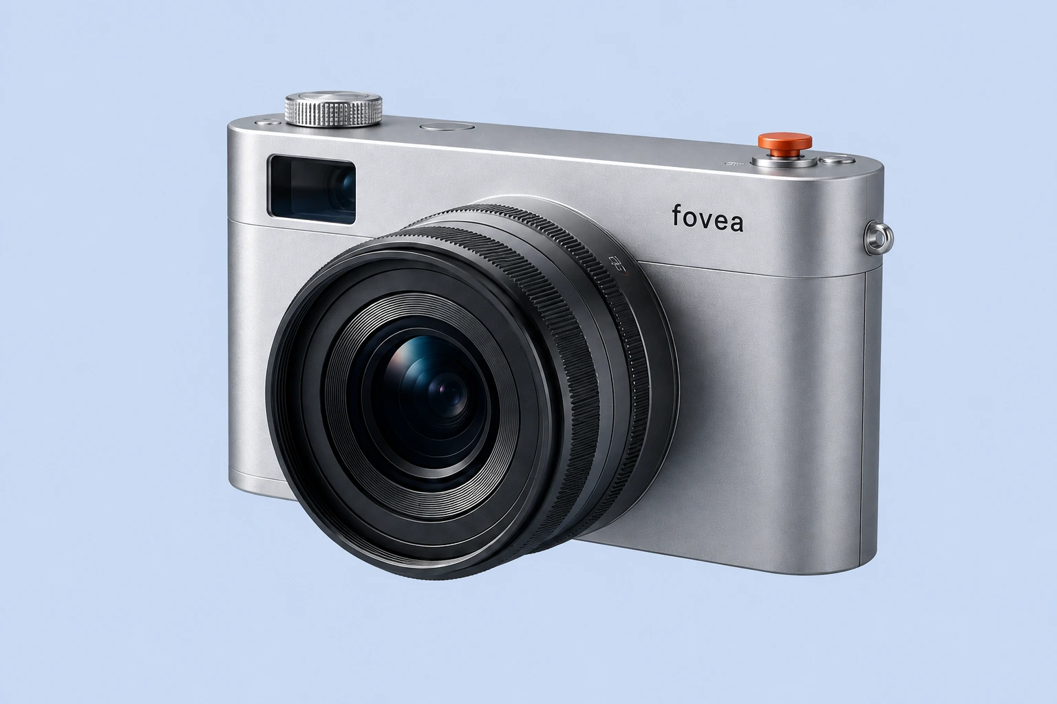 Fovea compact camera with a silver titanium body, black lens, and orange shutter button