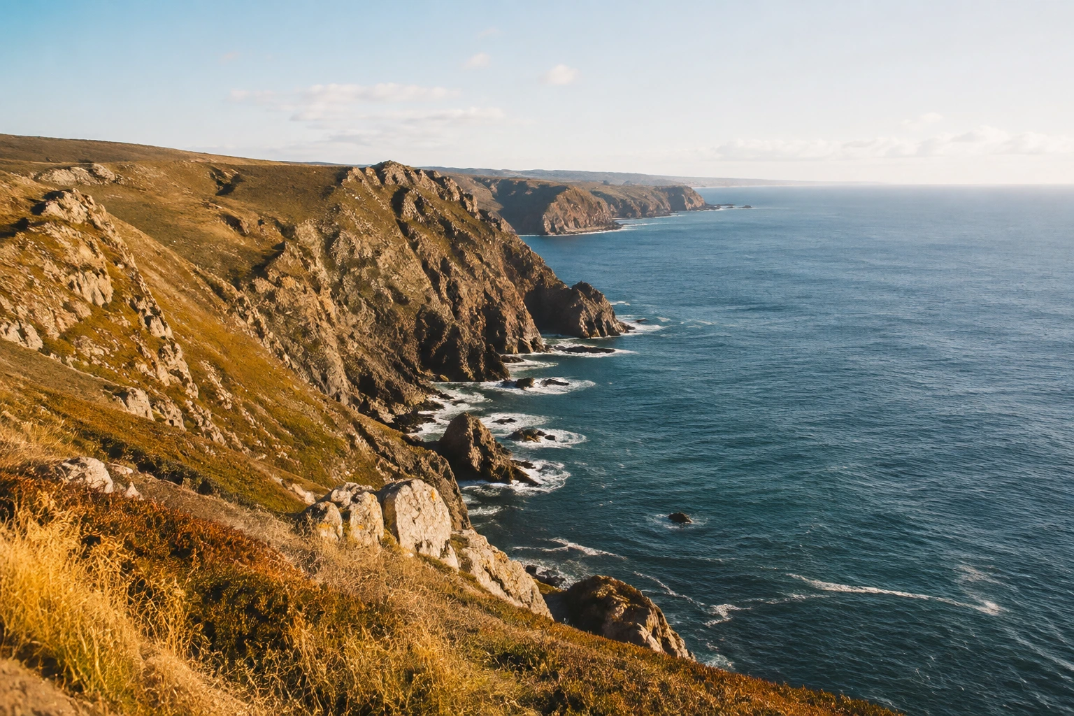 Sunlight falling across rugged ocean cliffs above a blue sea