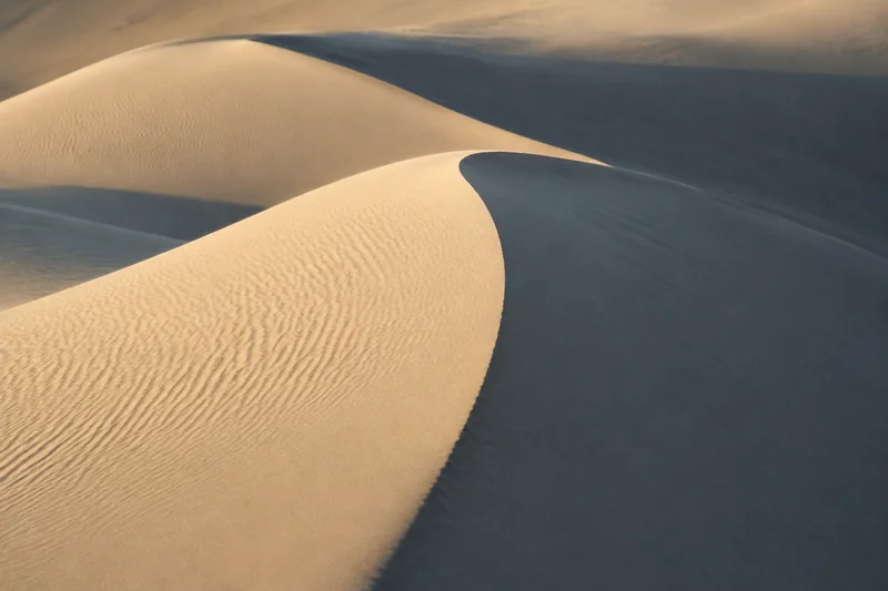 Sculptural sand dunes with warm highlights and cool shadows